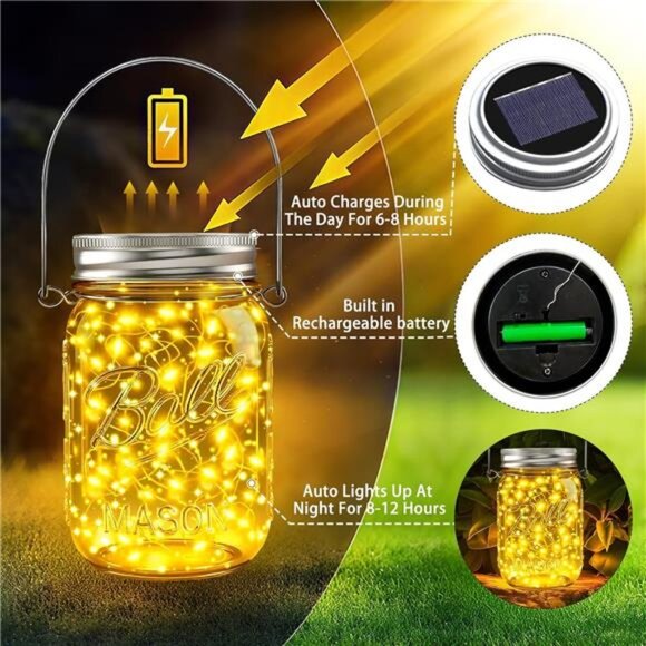 Mason Jar Solar Lights for Outside,12 Pack 30 LED Fairy Firefly Lights Mason Jar - Picture 2 of 7
